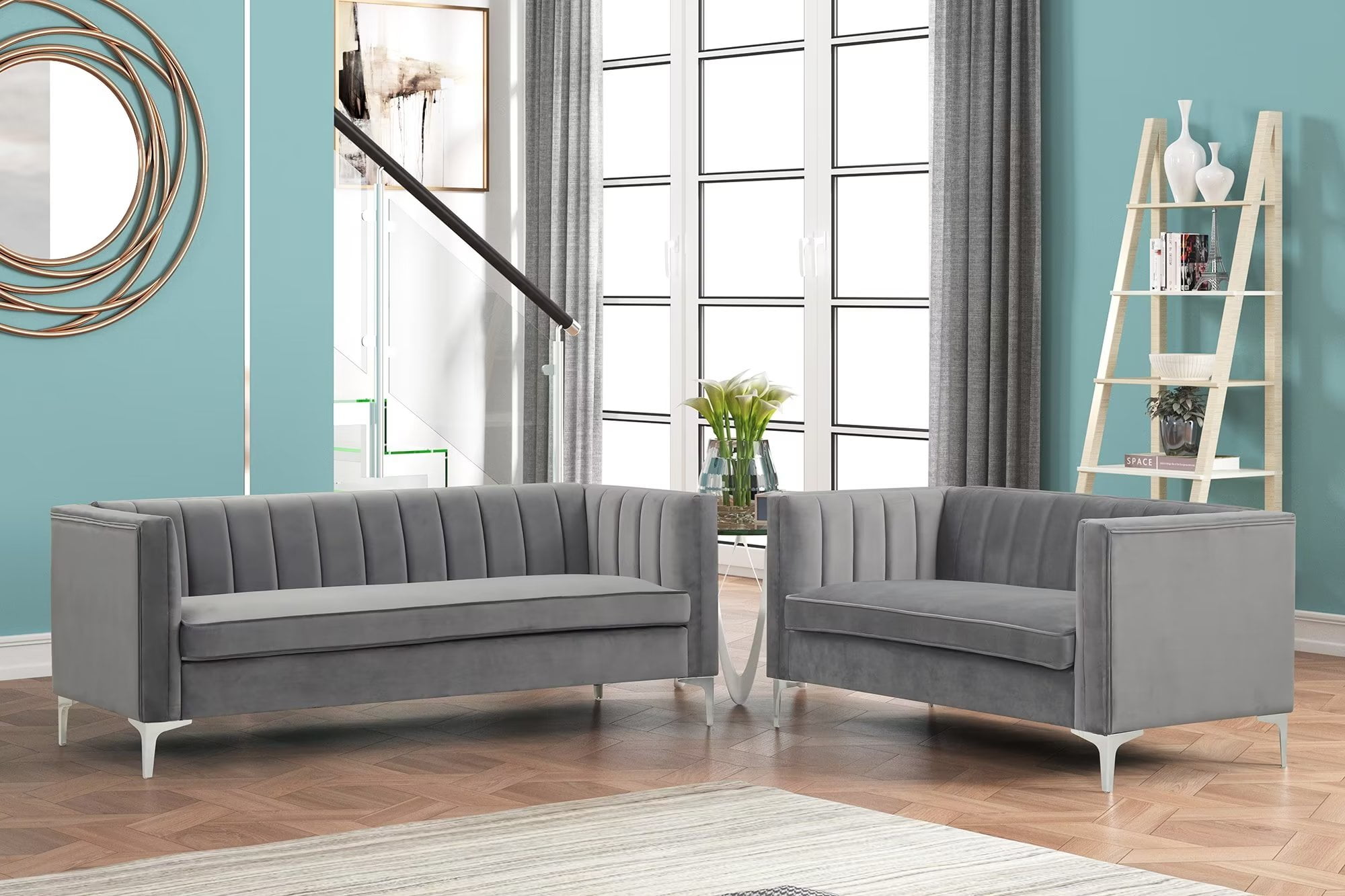 Gray Velvet Mid-Century Modern Loveseat and Sofa Set with Metal Legs