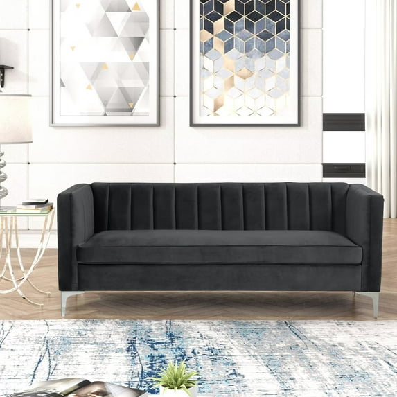 Morden Fort Contemporary Living Room Sofa Velvet Upholstered Couch Black