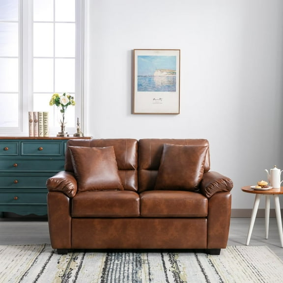 Contemporary PU Leather Loveseat for Living Room Office Couch Brown-Fortmok