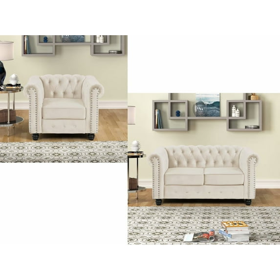 Morden Fort Couches for Living Room, Sofas for Living Room Furniture Sets, Chair and Loveseat 2 Pieces, Fabric, Velvet Beige