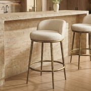 Morden Fort Counter Height Bar Stool, 26" Metal Bar Stool with Hammered Metal Legs & Curved Low Back for Kitchen Island, Upholstered Linen Seat Cushion Island Chair, Gold