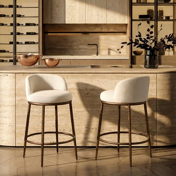 Morden Fort Counter Height Bar Stool Set of 2, 26" Metal Bar Stools with Hammered Metal Legs & Curved Low Back for Kitchen Island, Upholstered Linen Seat Cushion Island Chairs, Bronze