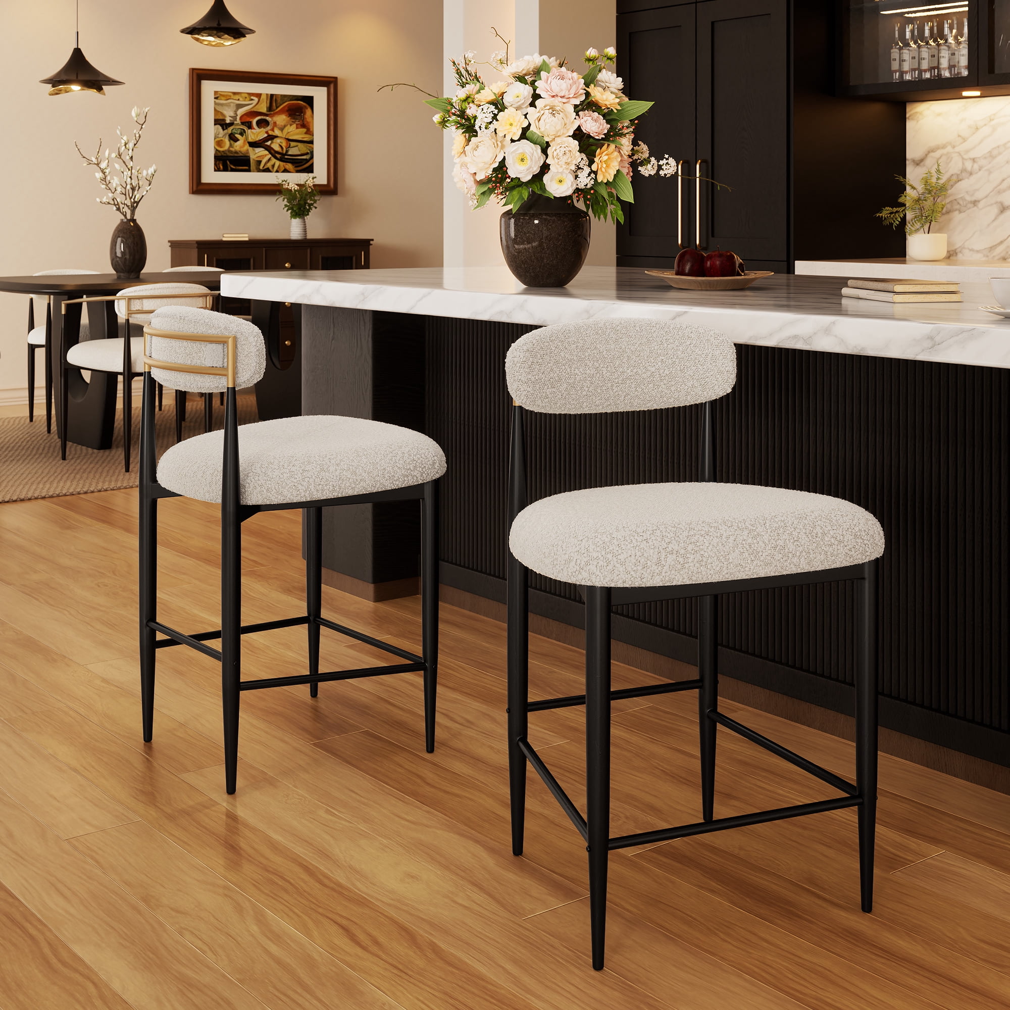 Morden Fort Counter Height Bar Stools Set of 2, 26" Boucle Barstools with Backrest and Metal Legs, Island Chairs for Kitchen Island, Dining Room