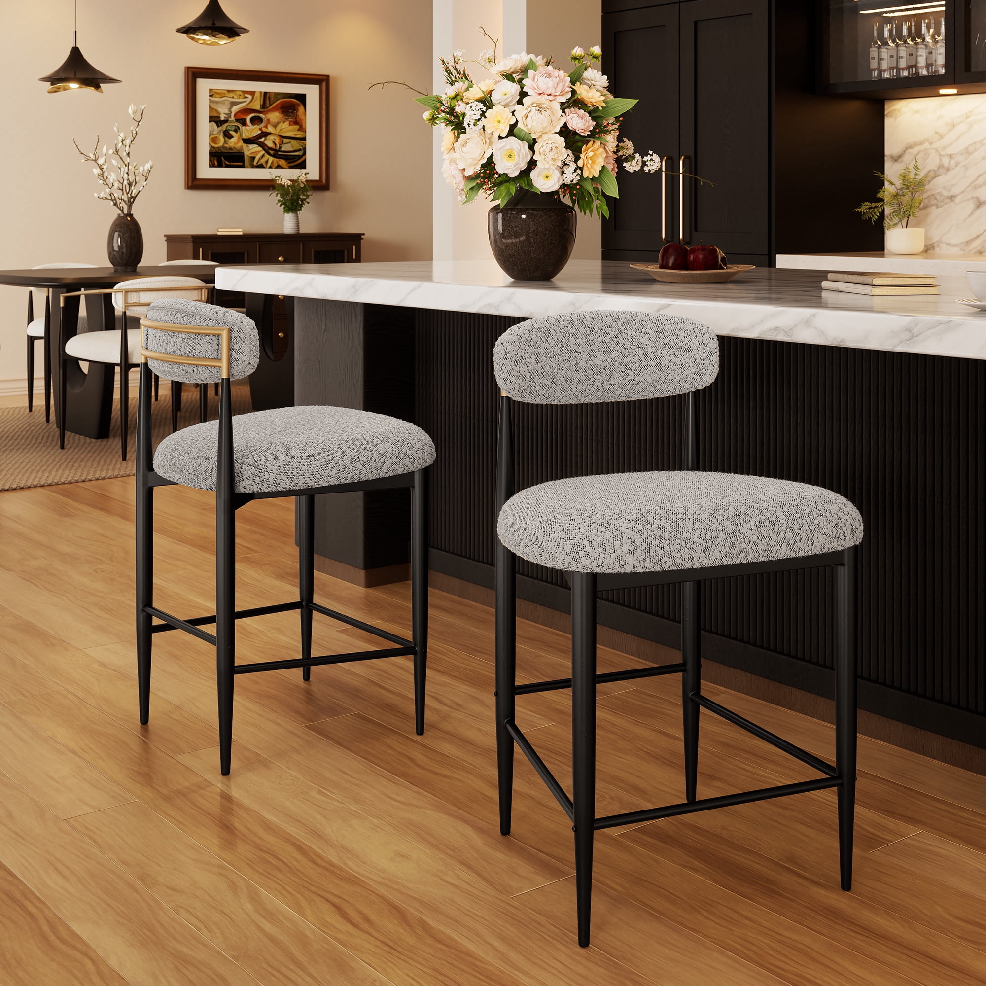 Morden Fort Counter Height Bar Stools Set of 2, 26" Boucle Barstools with Backrest and Metal Legs, Island Chairs for Kitchen Island, Dining Room