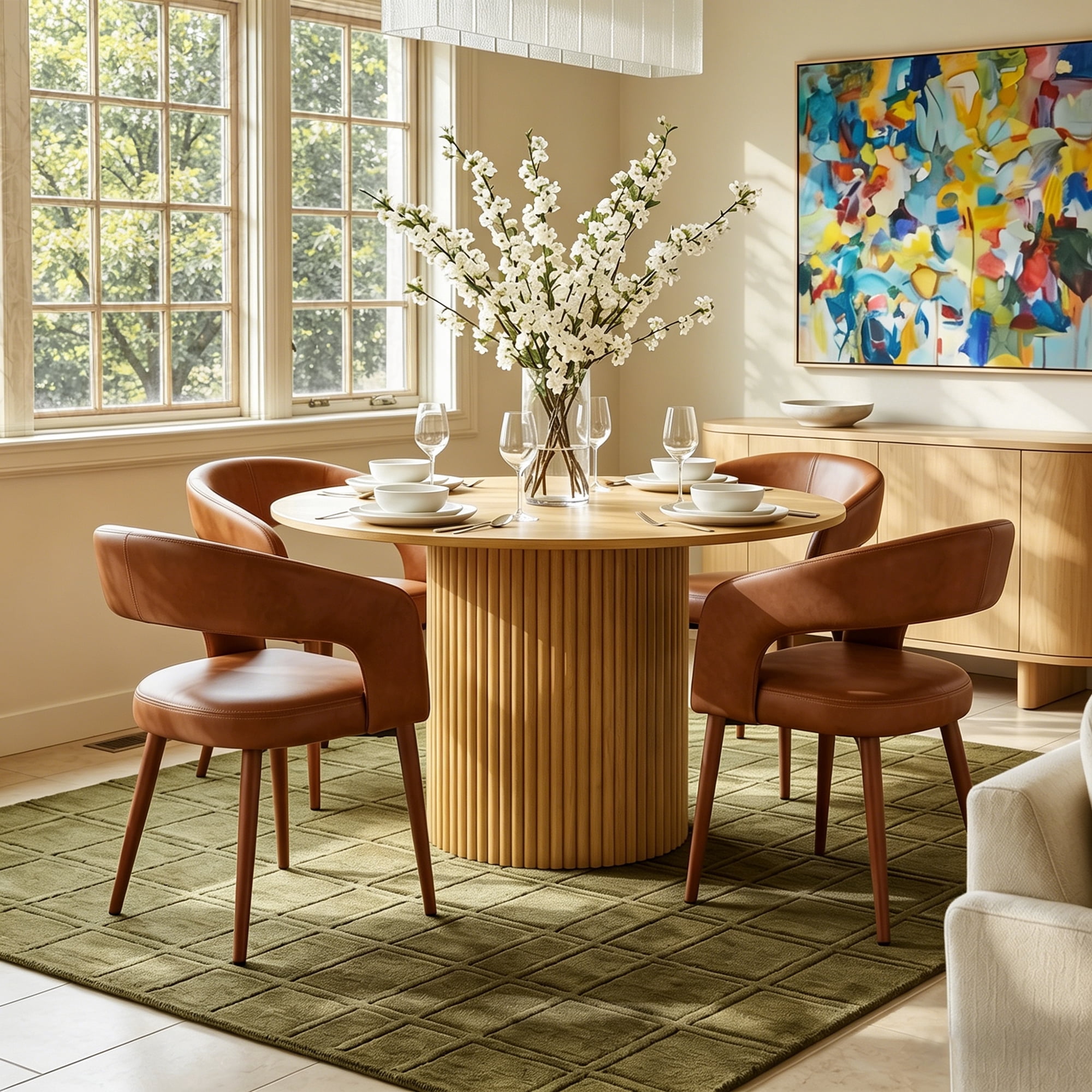 Morden Fort Dining Table Set for 4, 47" Round Kitchen Table and Leather Upholstered Chairs of 4, Fluted Wood Table Set with Pedestal Base for Apartment, Dining Room
