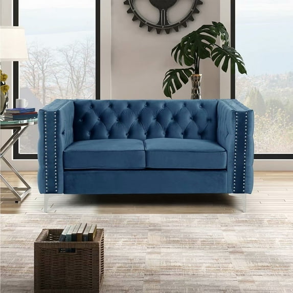 Morden Fort Dutch Velvet loveseat,2-Seat Tufted Sofa with Solid Wood/Gold Metal Legs for Living Room,Misty Blue