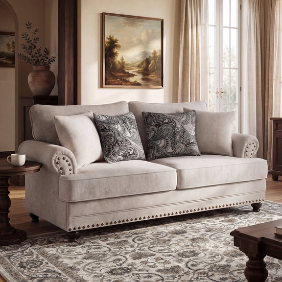 Morden Fort Farmhouse 2-Seater Sofa Loveseat, Beige Chenille Loveseat with Nailhead Trim for Living Room, Bedroom, Apartment, Office