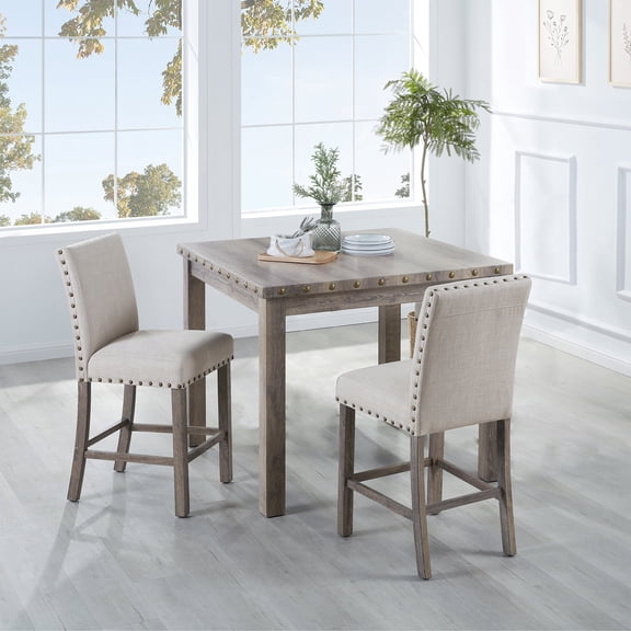 Morden Fort Counter Height 3 Pieces Farmhouse Wood Dining Table and Tufted Chairs Set, with Nailhead Accents, Beige