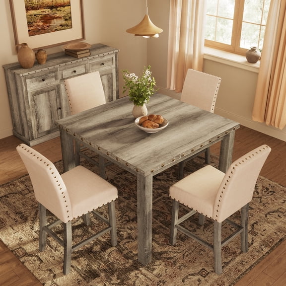 Morden Fort Counter Height 5-piece Farmhouse Wood Dining Table and Tufted Chairs Set, with Nailhead Accents, Beige