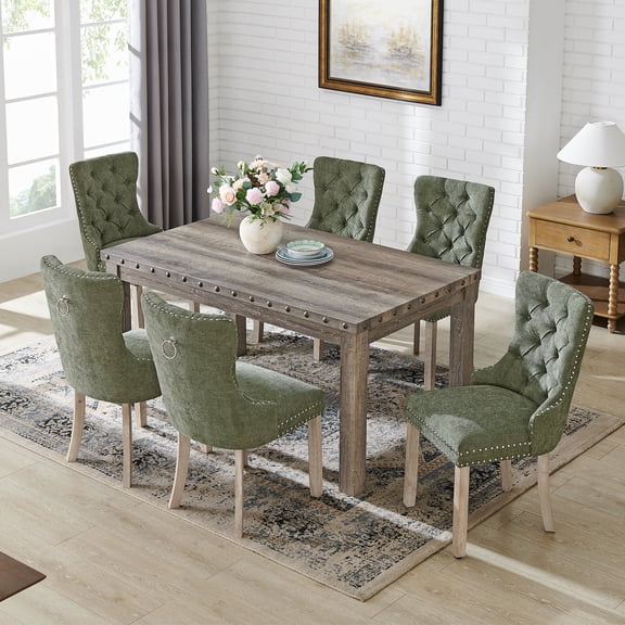 Morden Fort Farmhouse Dining Chair Set for 6, Tufted Green Accent Kitchen Chairs with Nailhead Trim & Ring Pull