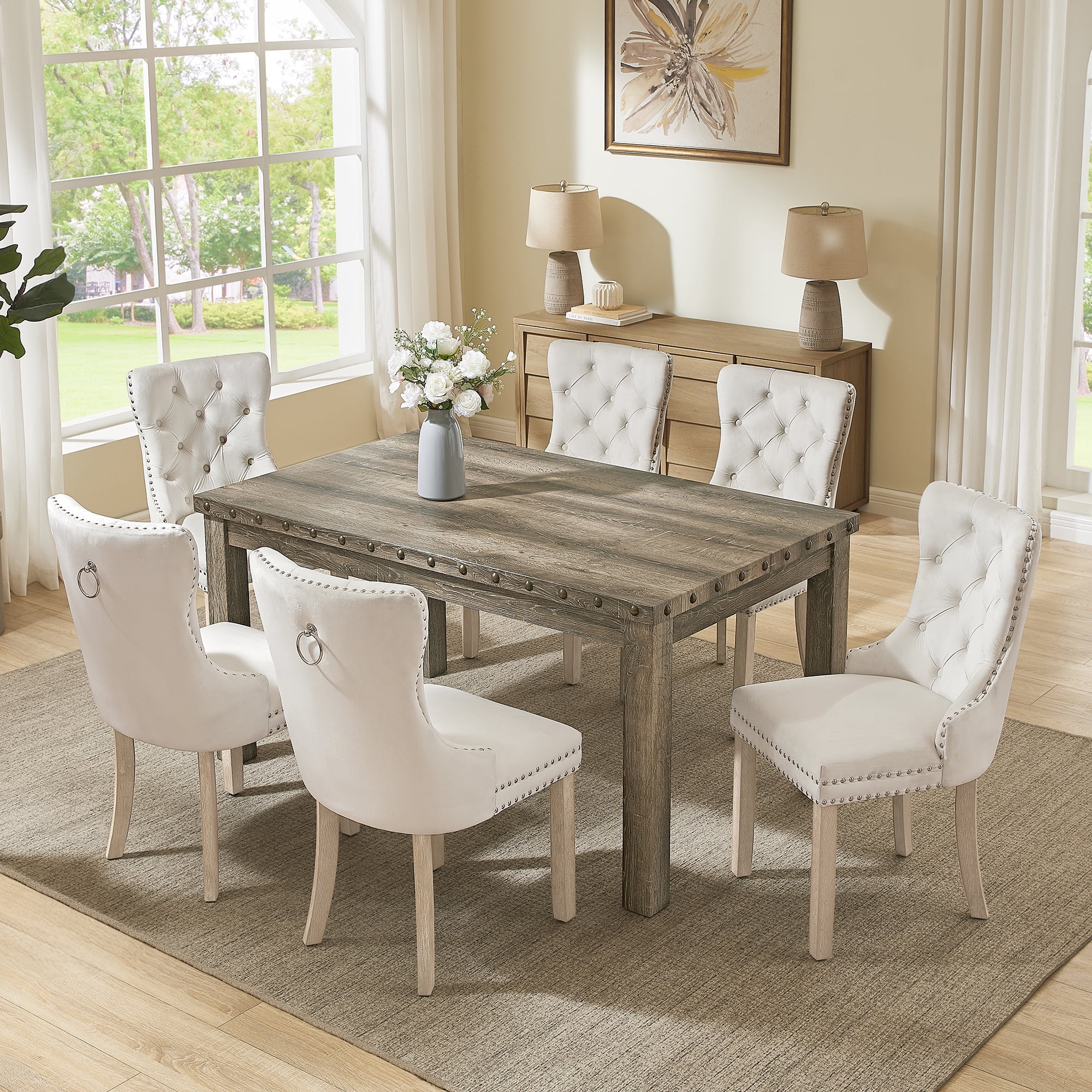 Morden Fort Farmhouse 7 Pcs Dining Table Set for 6, Rectangular Wood ...