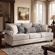 Morden Fort Farmhouse Chenille Sofa Couch, 3-Seater Beige Upholstered Nailhead Trim Sofa with 5 Pillows, Living Room, Bedroom, Apartment
