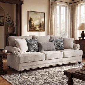 Morden Fort Farmhouse Chenille Sofa Couch, 3-Seater Beige Upholstered Nailhead Trim Sofa with 5 Pillows, Living Room, Bedroom, Apartment