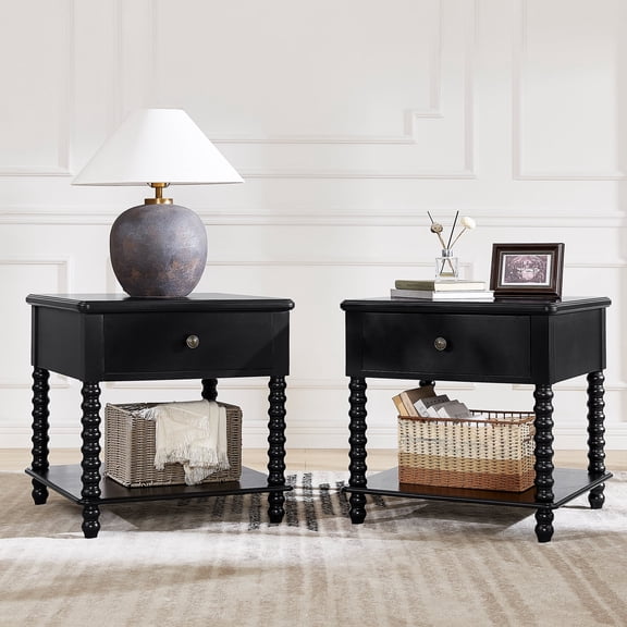 Morden Fort Farmhouse Spindle Wood Nightstand 1 Drawer 1 Shelf Set of 2, Rustic Bedside Table Set, Black Finish