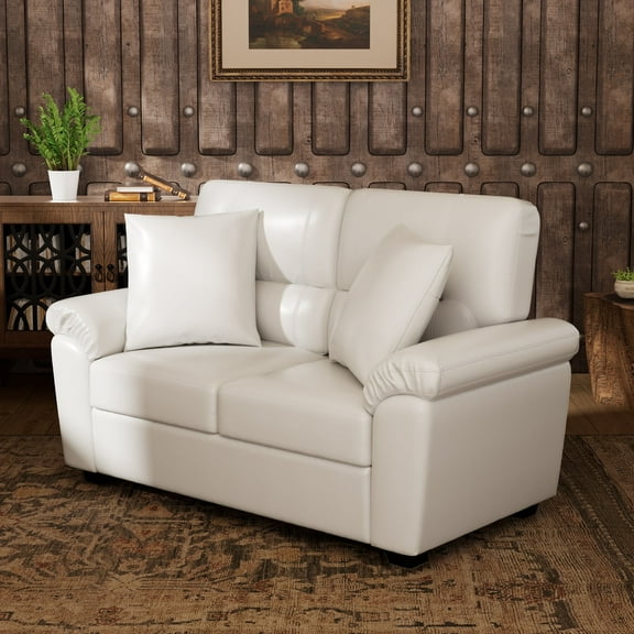 Morden Fort Faux Leather Loveseat 2 Seater Couch, White Modern 61" W Leather Sofa for Living Room, Bedroom, Office, Apartment
