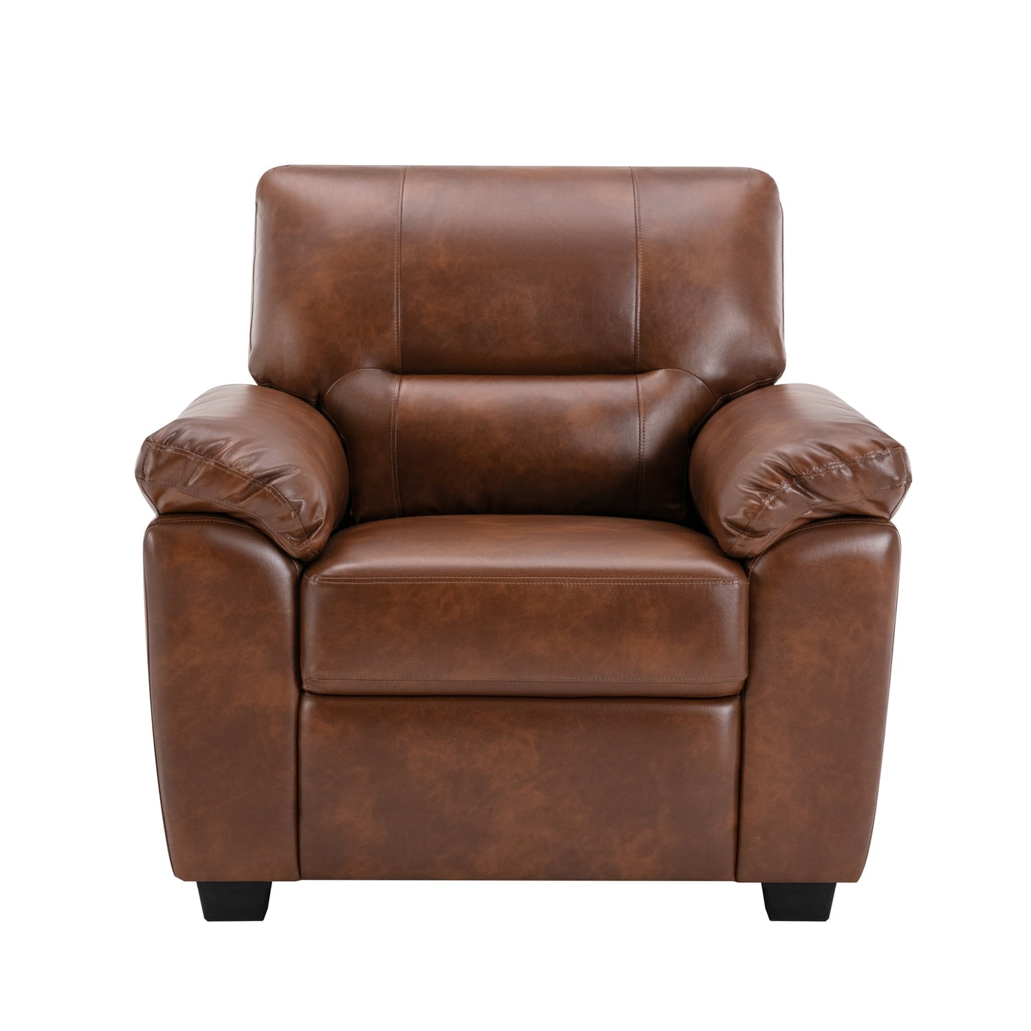 Brown Faux Leather Barrel Accent Chair with Wood Frame