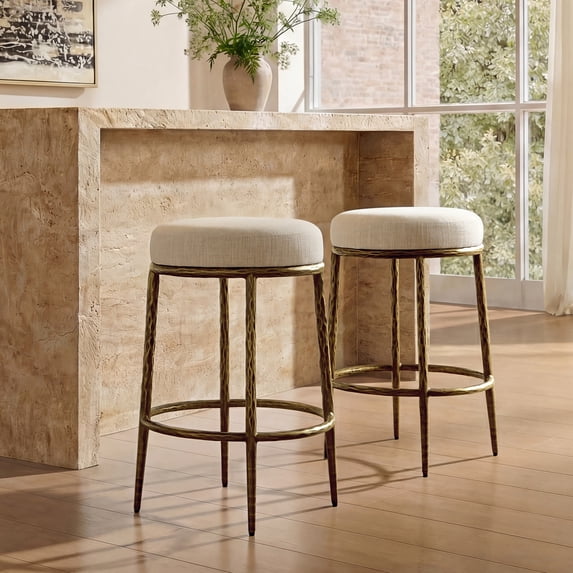 Morden Fort Hand-Hammered Metal Backless Counter Height Bar Stools Set of 2, Upholstered Cushion Bar Chairs, Compact Stools Set for Kitchen Island, Adjustable Footrests, Gold