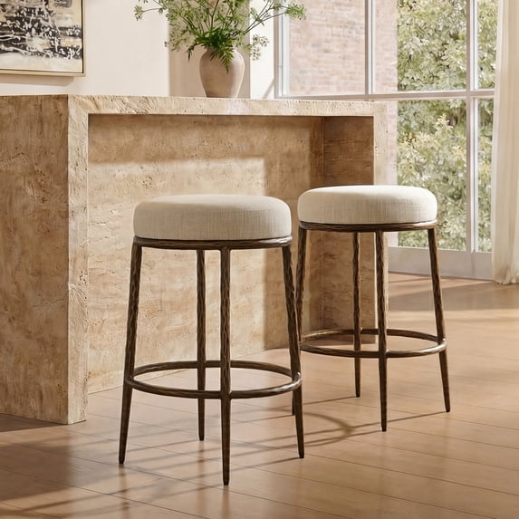 Morden Fort Hand-Hammered Metal Backless Counter Height Bar Stools Set of 2, Upholstered Cushion Bar Chairs, Compact Stools Set for Kitchen Island, Adjustable Footrests, Bronze