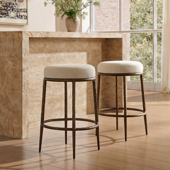 Morden Fort Hand-Hammered Metal Backless Counter Height Bar Stools Set of 2, Upholstered Cushion Bar Chairs, Compact Stools Set for Kitchen Island, Adjustable Footrests, Bronze