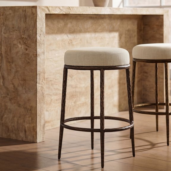 Morden Fort Hand-Hammered Metal Backless Counter Height Bar Stools, Upholstered Cushion Bar Chair, Compact Stools for Kitchen Island, Adjustable Footrests, Bronze