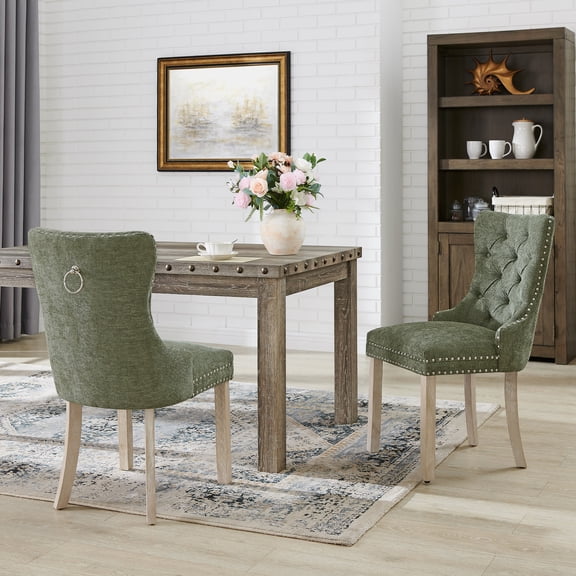 Morden Fort High Back Tufted Accent Dining Chairs Set of 2, Upholstered Armless Side Chair with Nailhead Trim and Ring for Kitchen, Dining Room, Living Room, Green
