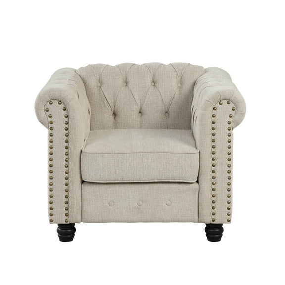 Morden Fort Linen Chesterfield Sofa, Accent Club Chair Beige Living Room Chair