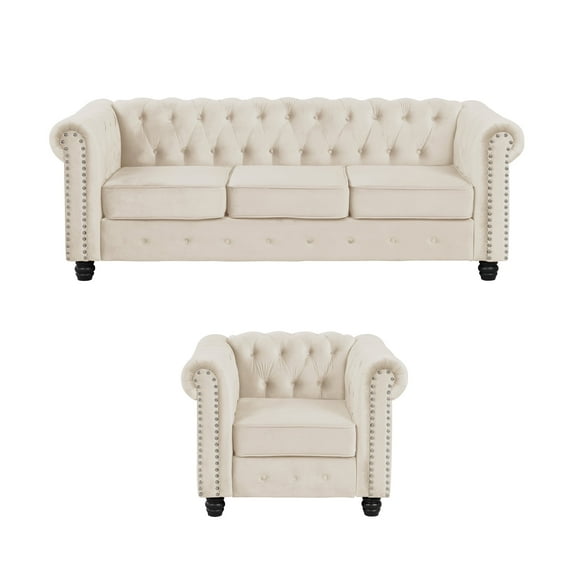 Morden Fort 2 Pieces Comfortable Modern Sofa Set with Thick Cushion, Chesterfield Sofa and Chair Set, Office, Apartment, Bedroom, Beige