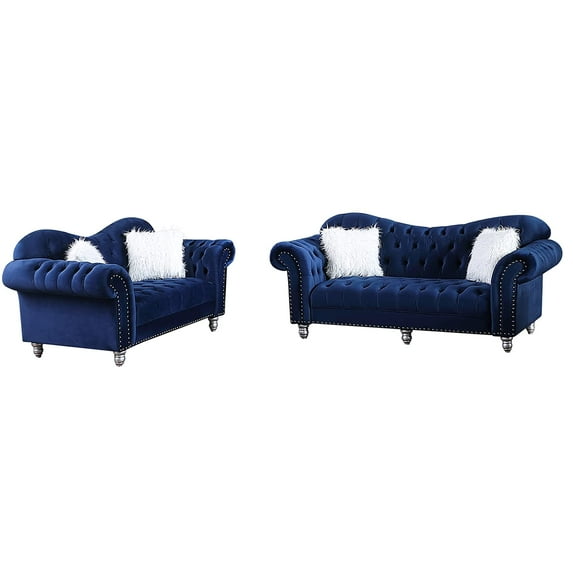 Morden Fort Luxury Classic America Chesterfield Tufted Camel Back Armchair Living Room Loveseat, Sofa 2 PCS, Blue