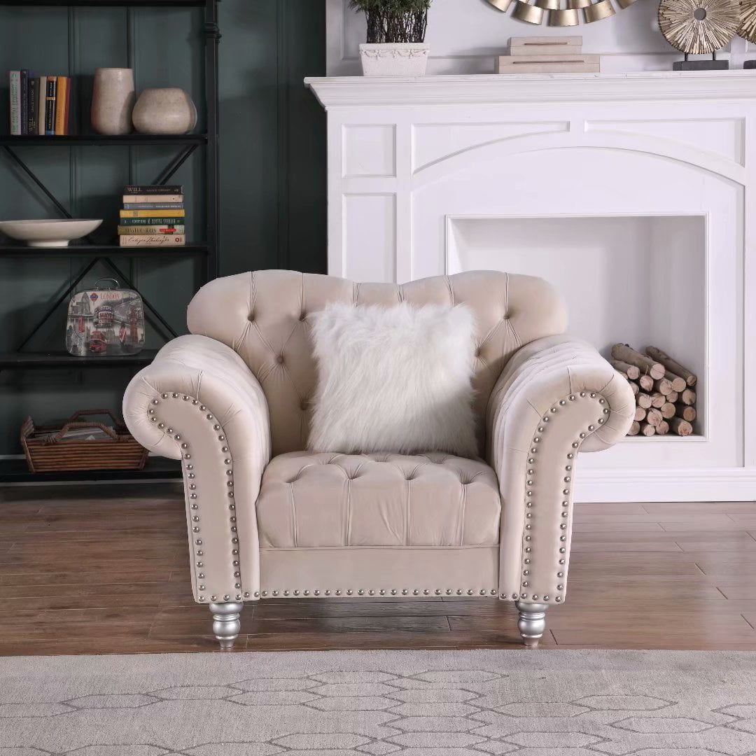 Beige Velvet Living Room Chairs