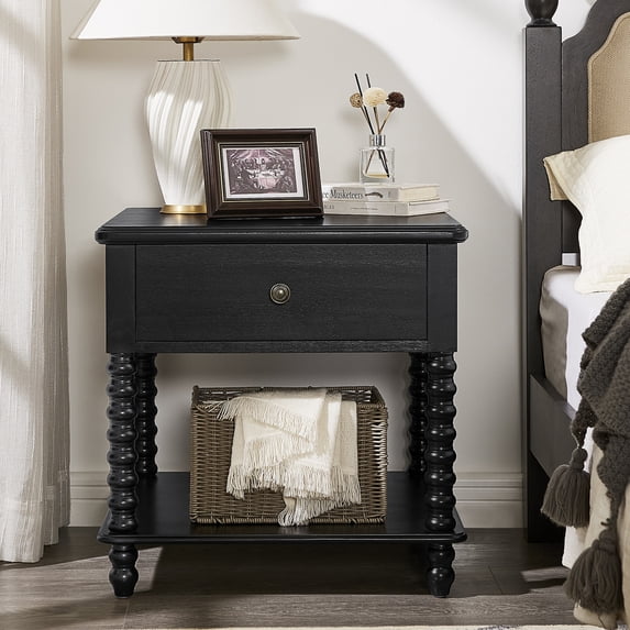 Morden Fort Farmhouse Spindle Wood Nightstand 1 Drawer 1 Shelf, Rustic Bedside Table, Black Finish