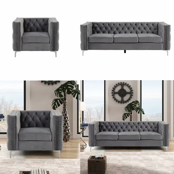 Morden Fort Modern 2 Pieces of Chair and Sofa Couch Set with Dutch Velvet Grey, Iron Legs.