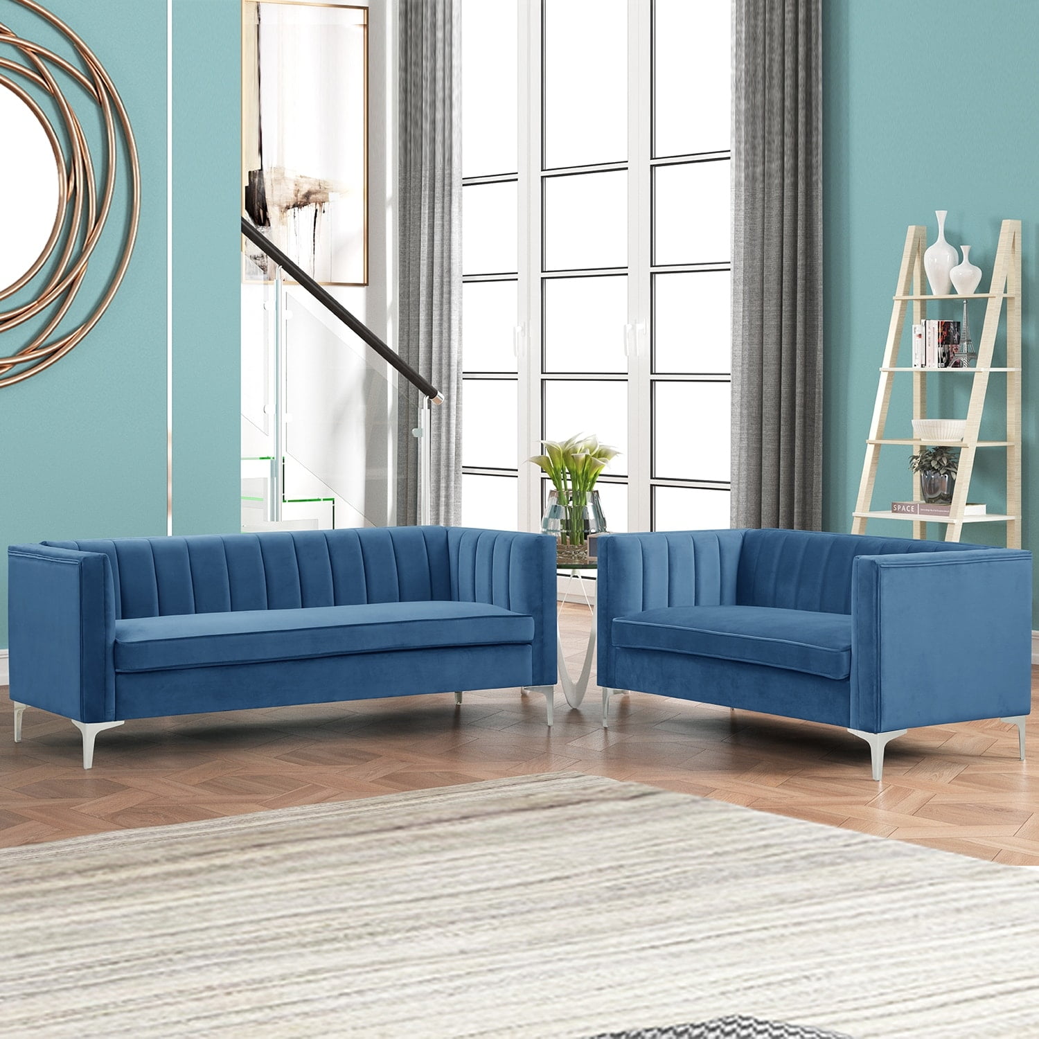 Blue Velvet Mid-Century Modern Loveseat and Sofa Set with Metal Legs