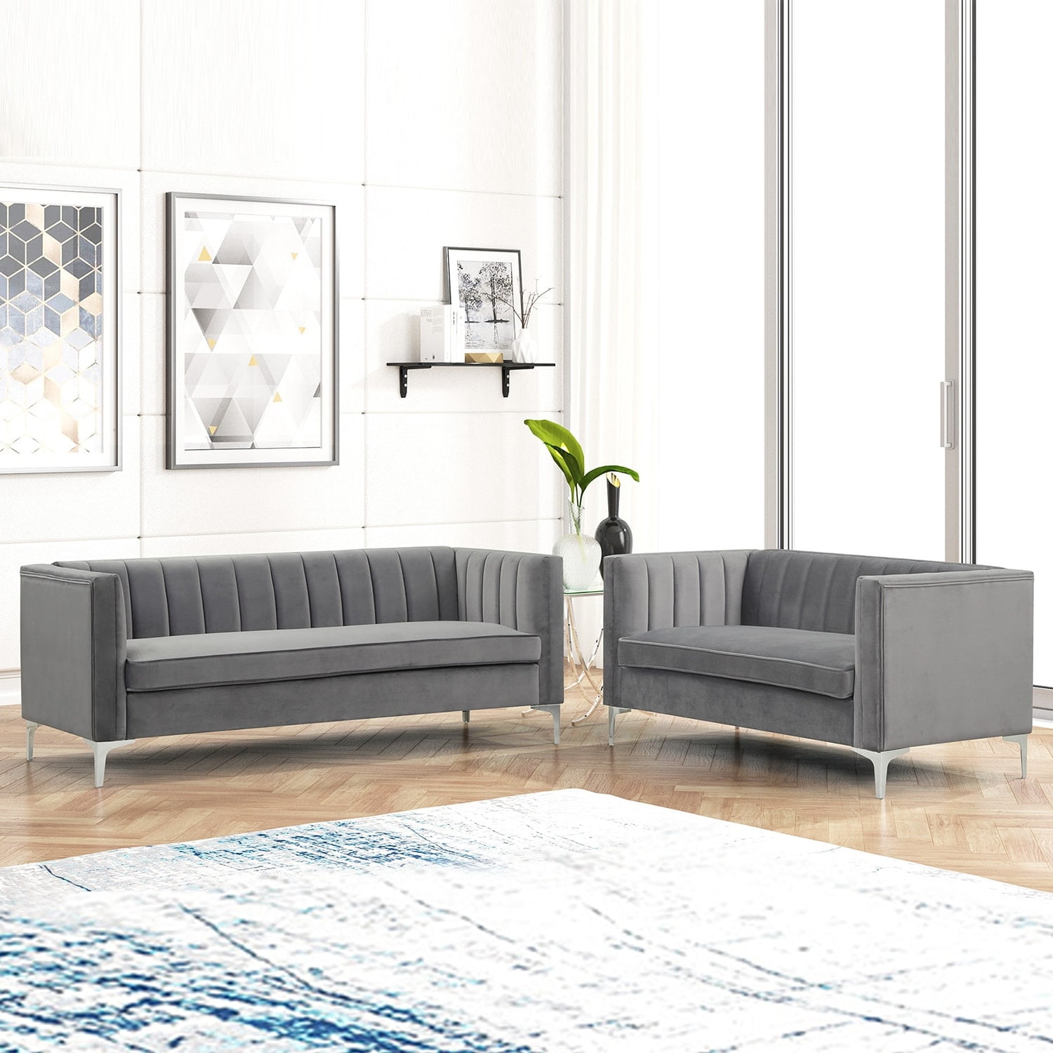 Gray Velvet Mid-Century Modern Loveseat and Sofa Set with Metal Legs