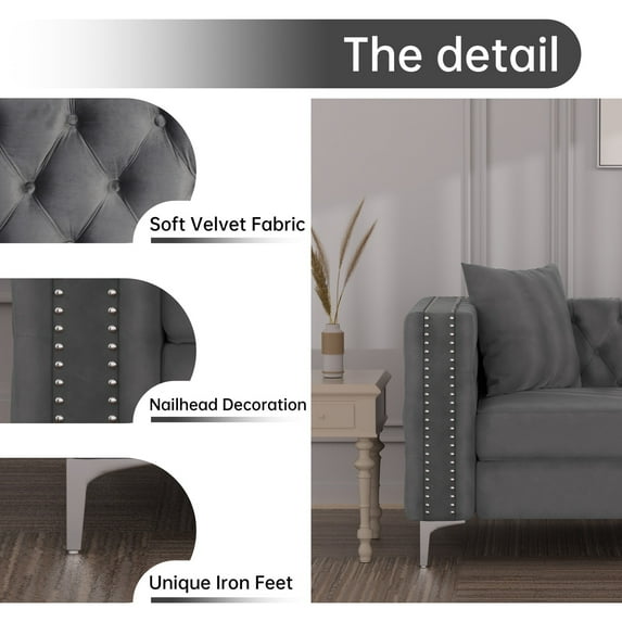 Morden Fort Modern Accent Chair, Nailed Armchair with Deep Dutch Velvet and Metal Legs Grey