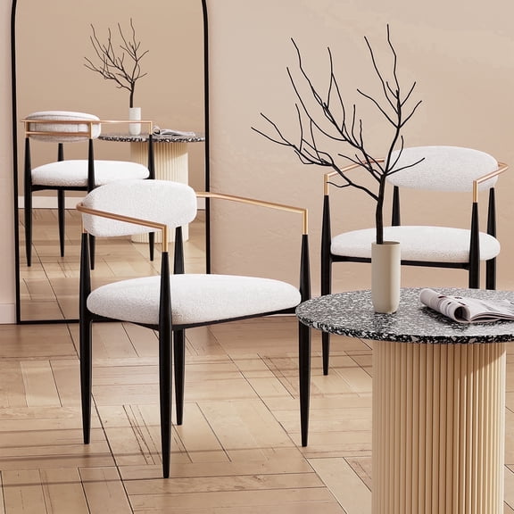 Morden Fort Modern Boucle Dining Chairs with Upholstered Backrest, White Arm Chairs Set of 2 for Kitchen Reception Room Living Room Restaurant Café