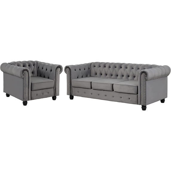 Morden Fort Modern Contemporary 2 Piece of Accent Chair and Sofas Set with Deep Button Tufting Dutch Velvet, Solid Wood Frame and Wood Legs- Light Grey