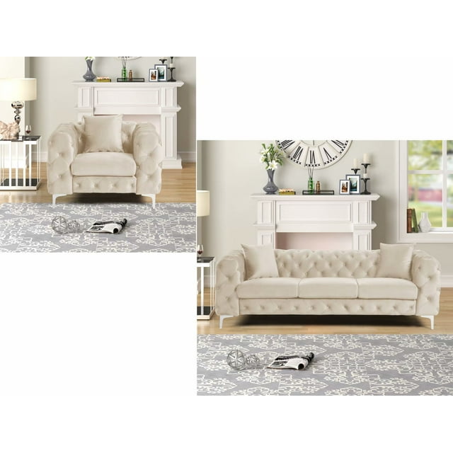 Morden Fort Modern Contemporary 2 Piece of Accent Chair and Sofas Set with Deep Button Tufting Dutch Velvet, Solid Wood Frame and Iron Legs-Beige
