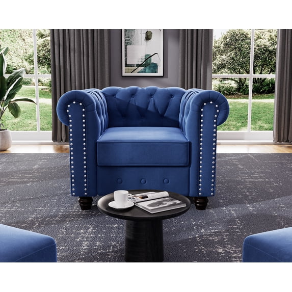 Morden Fort Modern Contemporary Accent Chair with Deep Button Tufting Dutch Velvet Light Blue