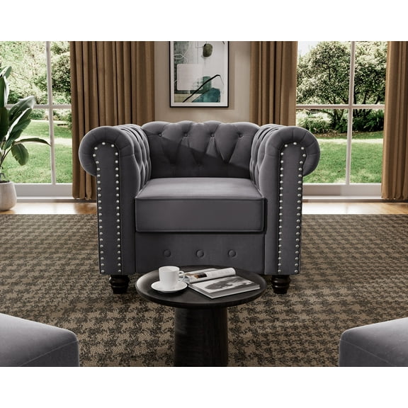 Morden Fort Modern Contemporary Accent Chair with Deep Button Tufting Dutch Velvet, Light Grey