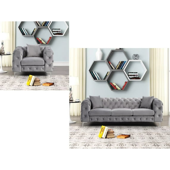 Morden Fort Modern Contemporary Living Room Sofa Set Chair and Couch with Deep Button Tufting Grey Dutch Velvet