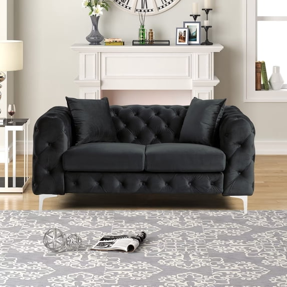 Morden Fort Modern Contemporary Love Seat with Deep Button Tufting Dutch Velvet, Solid Wood Frame and Iron Legs-Black