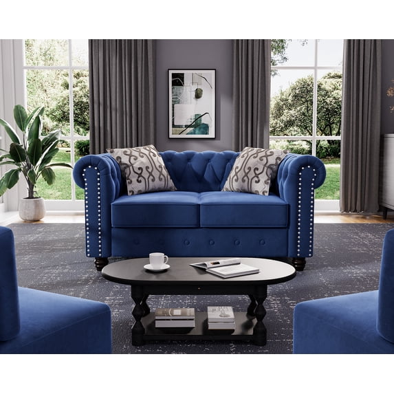 Morden Fort Modern Contemporary Loveseat with Deep Button Tufting, Velvet Couch Blue