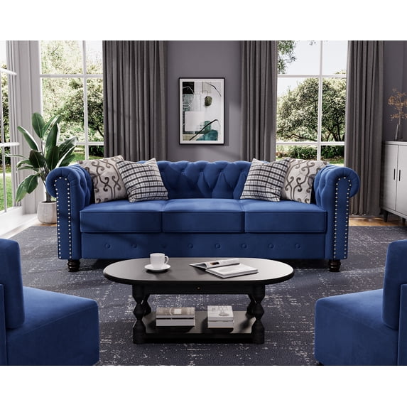 Morden Fort Modern Contemporary Sofa Couch with Deep Button Tufting Dutch Velvet, Solid Wood Frame and Wood Legs-Light Blue