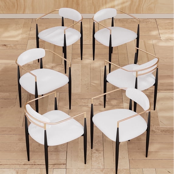 Morden Fort Modern Dining Chairs Set of 6, Brushed Gold Armchairs with Black Metal Legs and Upholstered Cushion, Boucle Accent Chairs for Living Room Bedroom Outdoor Lounge