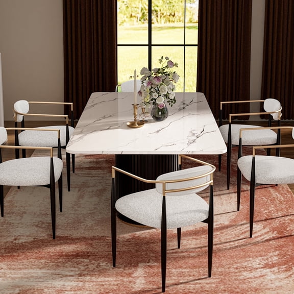 Morden Fort Modern Dining Table Set for 6, White Faux Marble Top Dining Table with 6 White Chairs for Kitchen, Dining Room, Restaurant, Conference Room