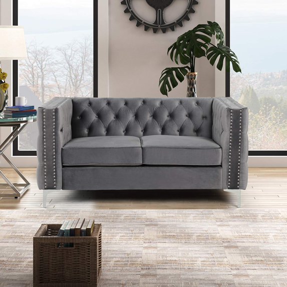Morden Fort Modern Loveseat with Deep Dutch Velvet, Iron Legs-Velvet Grey