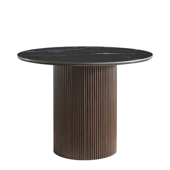 Morden Fort Round Dining Table with Sintered Stone Tabletop and Wood Strip Base, 41.7" Kitchen Round Modern Dining Table for 2-4, Black
