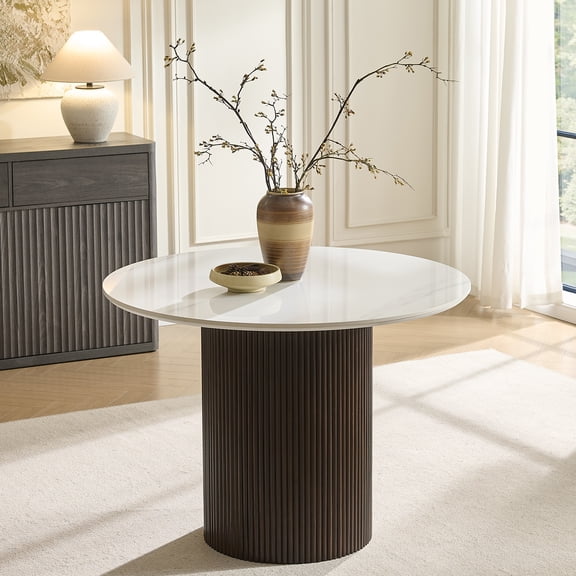 Morden Fort Round Dining Table with Sintered Stone Tabletop and Wood Strip Base, 41.7" Kitchen Round Modern Dining Table for 2-4, White