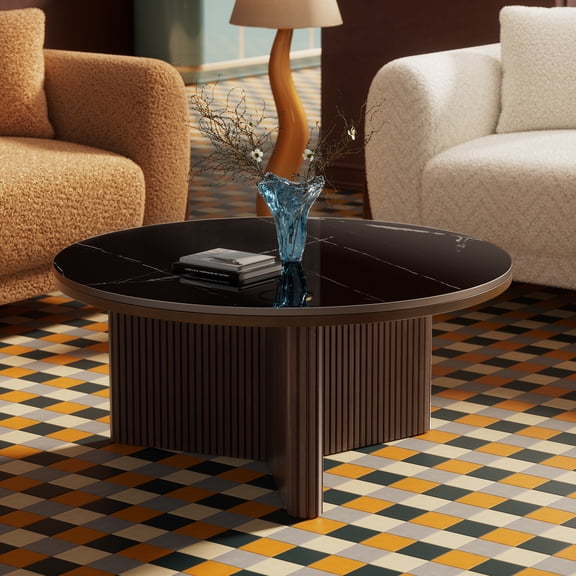 Morden Fort Round Fluted Coffee Table, Sintered Stone Top 33.25" Modern Black Coffee Table Sofa End Table for Living Room