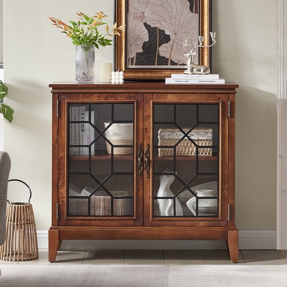Morden Fort Rustic Accent Cabinet with Glass Doors, Wood Storage Cabinet Farmhouse Sideboard for Dining Room, Entryway, Living Room, Cherry